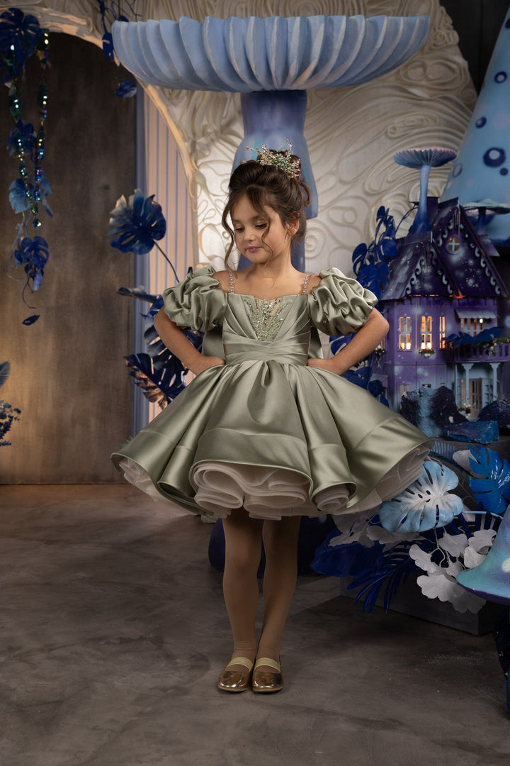 3m / Sage Green Sunnypetal Adorable Puff Sleeves Satin Flower Girl Dress Sage Green Knee-Length Ball-Gown for Kids