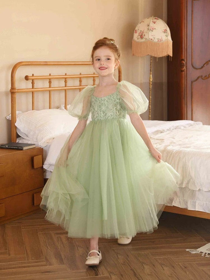 3m / Sage Green Sunnypetal Sage Green A-Line/Princess V-Neck Puff Sleeves Tulle Flower Girl Dresses