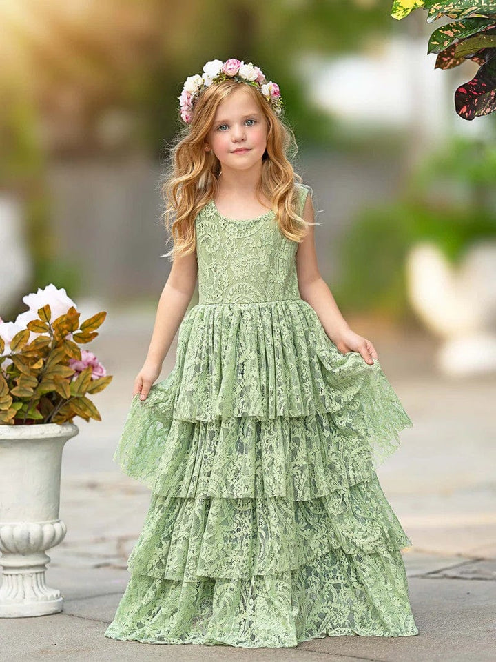 3m / Sage Green Sunnypetal Sage Green Boho Layered Lace A-Line Flower Girl Dresses