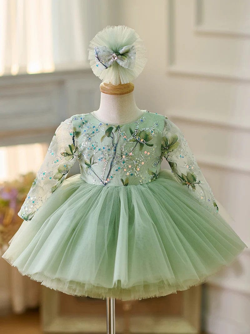 Sunnypetal Sage Green Long Sleeves Embroidery Appliques Tulle Flower Girl  Dresses