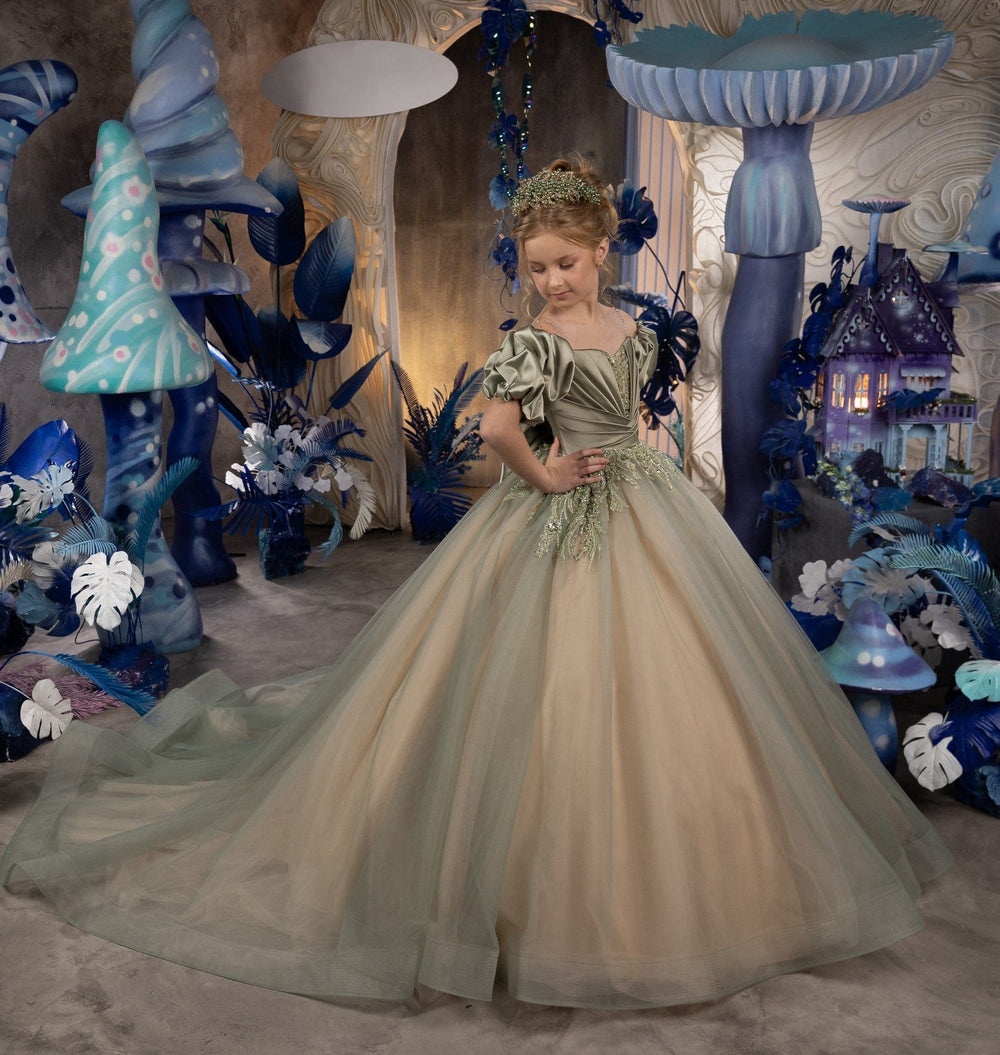 3m / Sage Green Sunnypetal Sage Green Off-Shoulder Satin Pleated Sleeves Bow Long Ball-Gown Dresses with Train