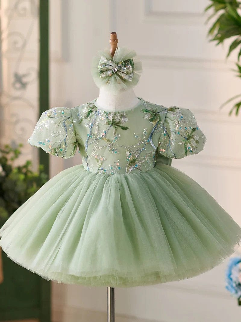 3m / Sage Green Sunnypetal Sage Green Puff Sleeves Embroidery Sequins Flower Girl Dresses with Satin Bow