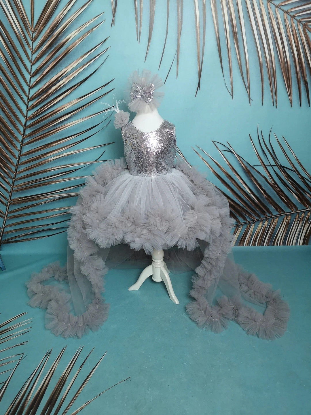 3m / Silver Sunnypetal Silver Kids 1st birthday Prom Pageant Dress Long Puffy Tutu Train