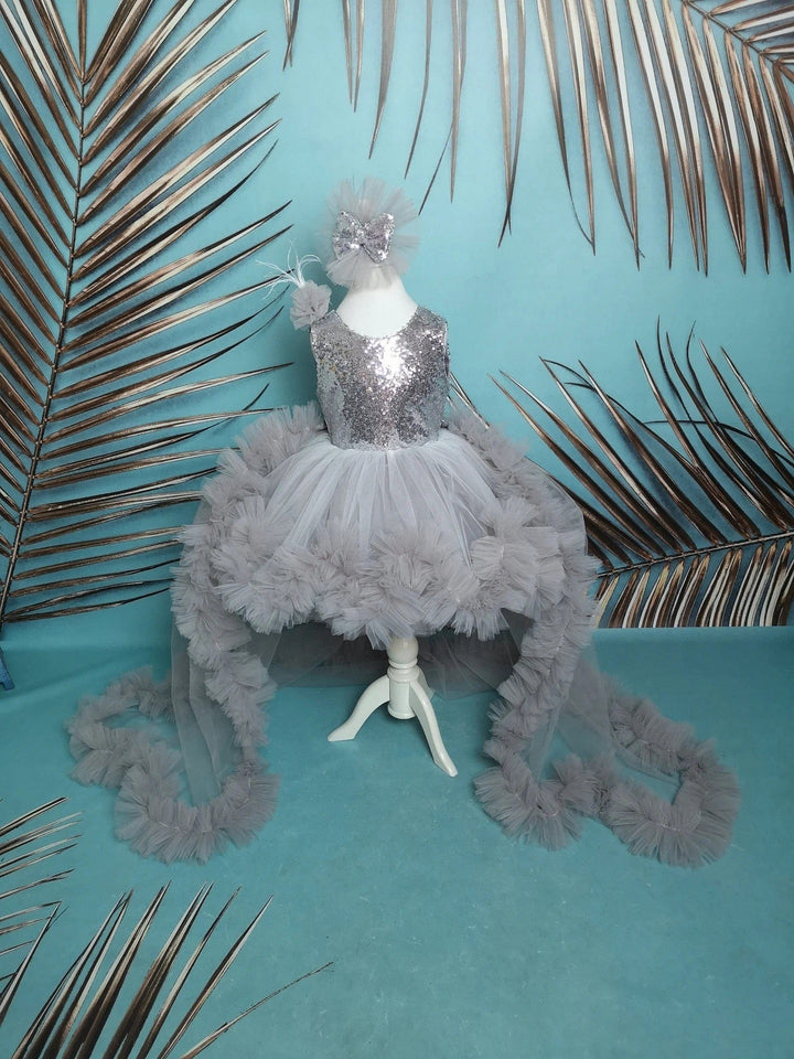 3m / Silver Sunnypetal Silver Kids 1st birthday Prom Pageant Dress Long Puffy Tutu Train