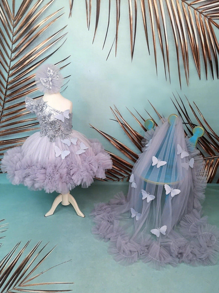 3m / Silver Sunnypetal Silver One-Shoulder Sequin 3D Butterfly Asymmetry Flower Girl Dresses