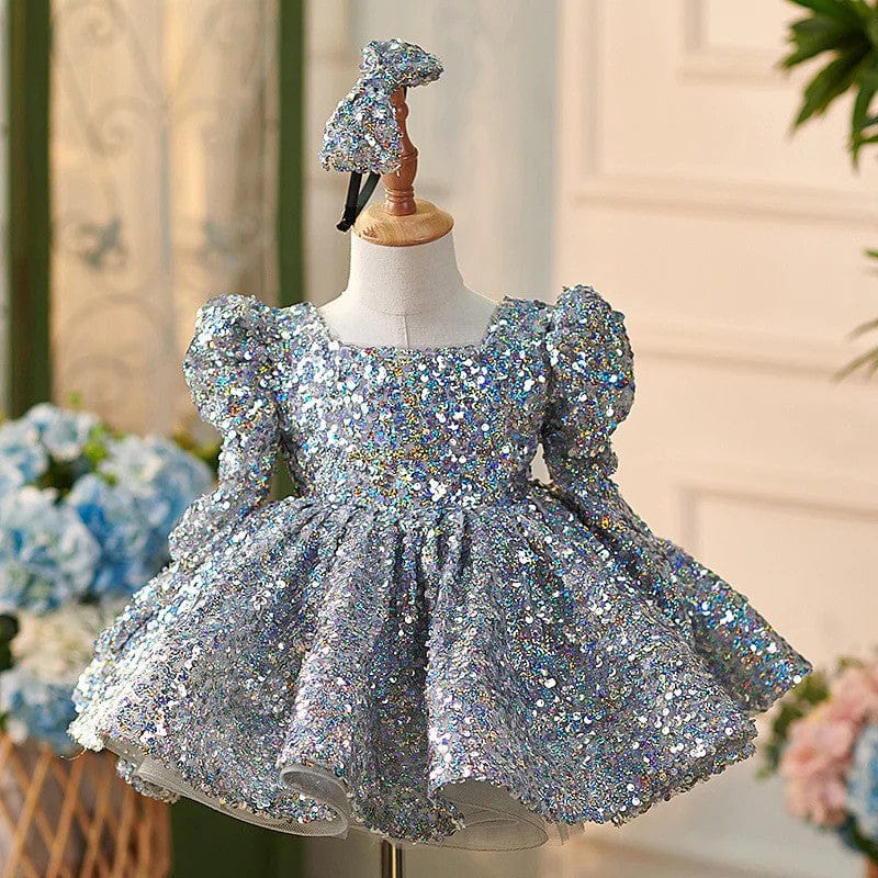 Sparkling Silver Knee Length Girl Dress with Long Sleeve J309, Silver / 10(140cm)