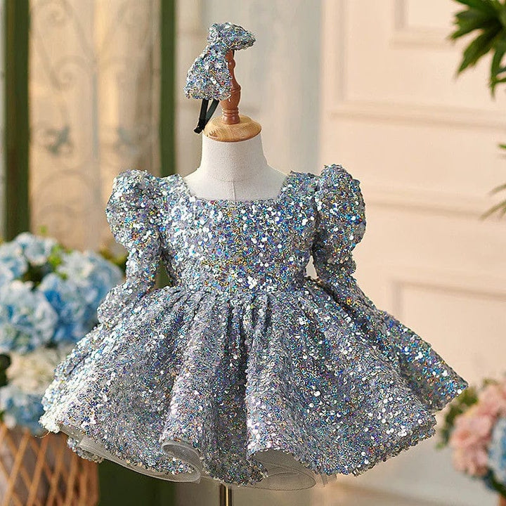 3m / Silver Sunnypetal Silver Sequin Long Sleeves Square Neck Knee-Length Flower Girl Dresses