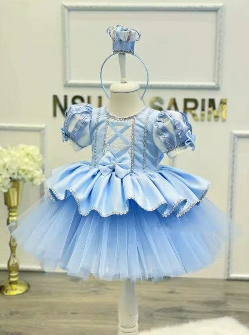 3m / Sky Blue Sunnypetal Cute Bow Birthday Party Dresses for Baby Girls Tulle Sequin Puffy Knee-Length Gown