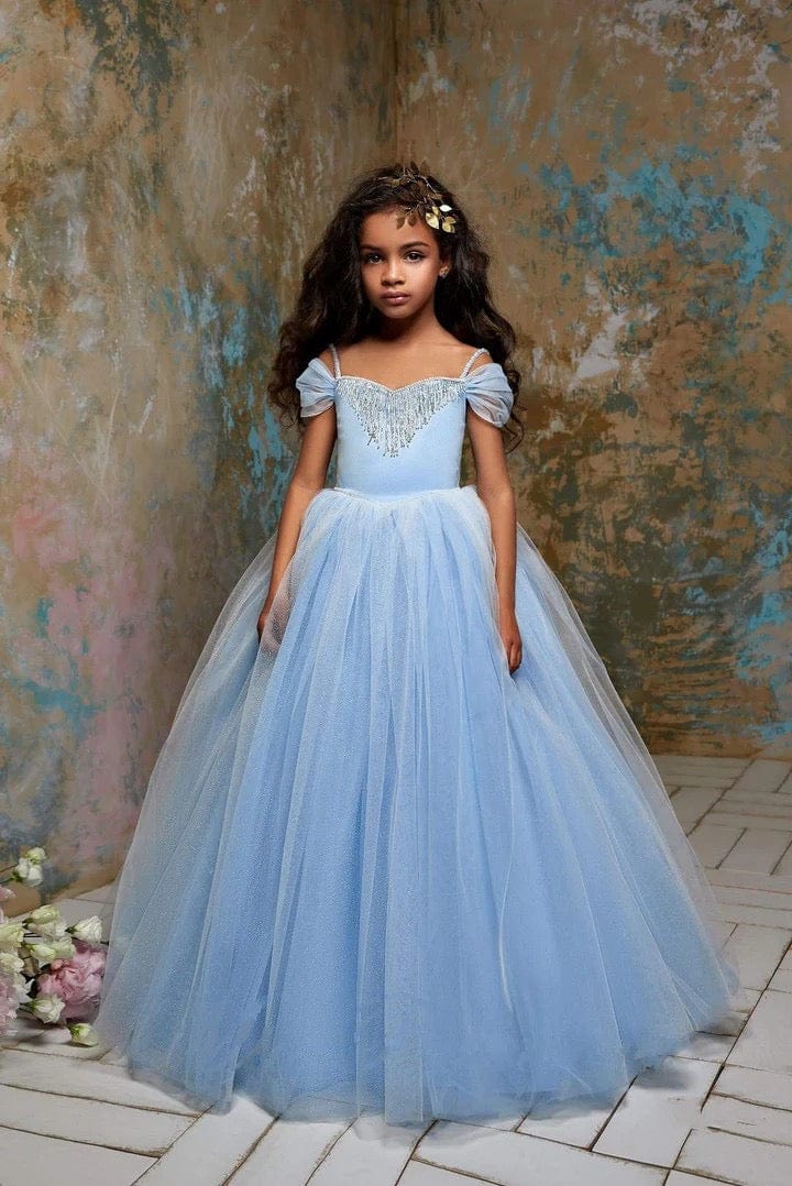 3m / Sky Blue Sunnypetal Sky Blue Tulle Dress for Girls with Beaded Fringe Bodice