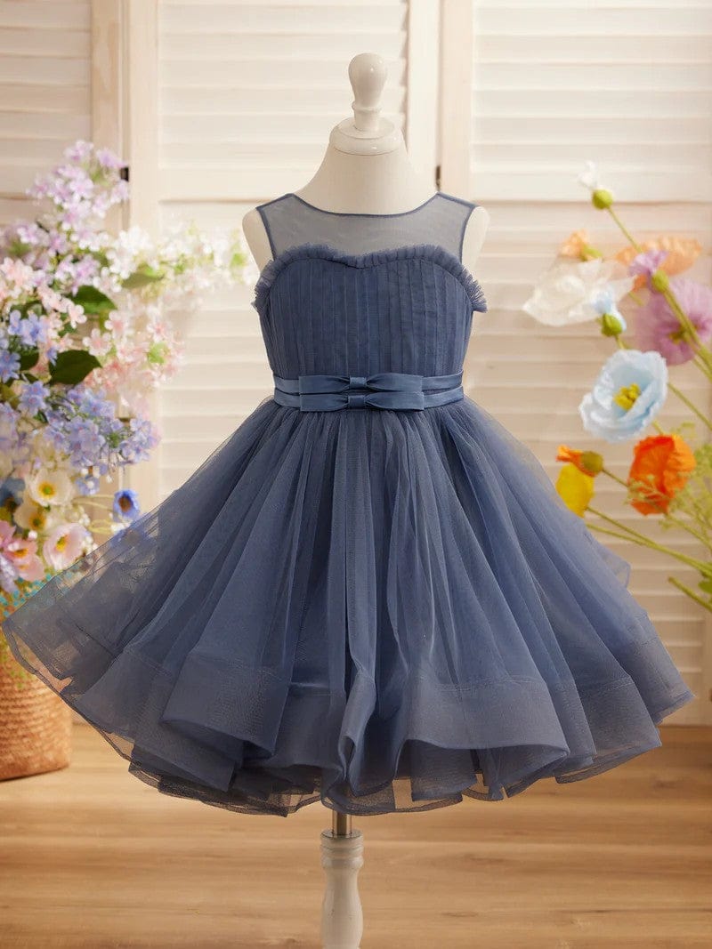 3m / Slate Blue Sunnypetal Elegant Sleeveless Tulle Bows Princess Flower Girl Dress for Wedding