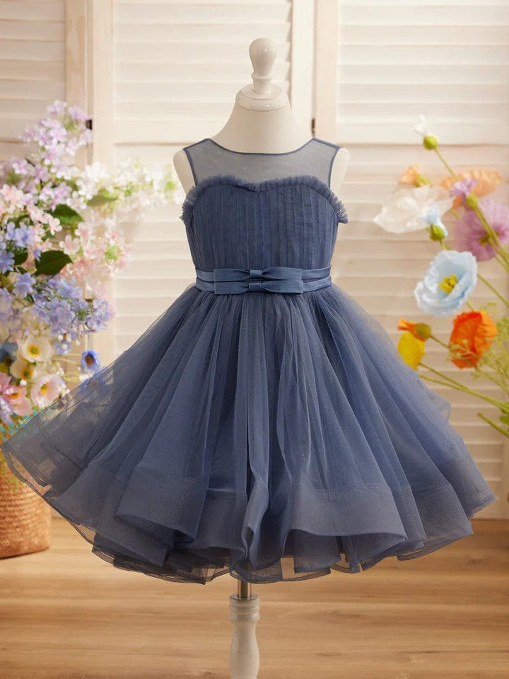 3m / Slate Blue Sunnypetal Elegant Sleeveless Tulle Bows Princess Flower Girl Dress for Wedding