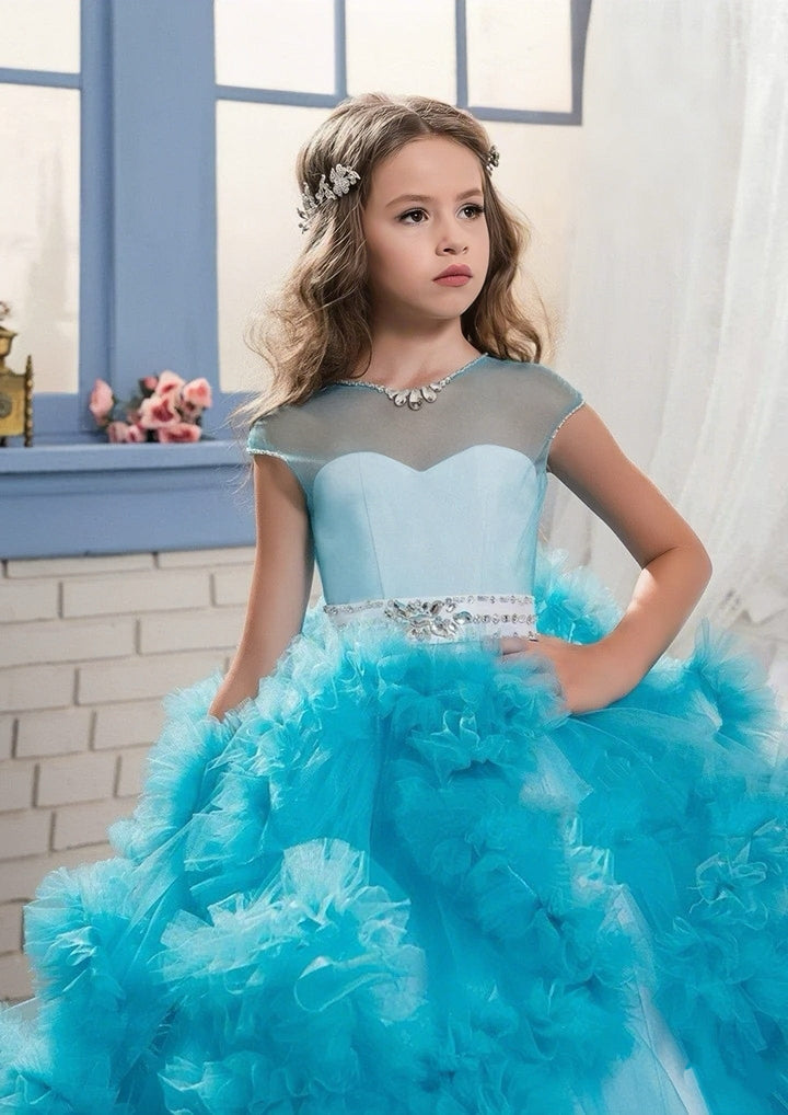 3m / Turquoise Sunnypetal Cap Sleeves Scoop Neck Ruffled Waterfall Floor-Length Flower Girl Dress