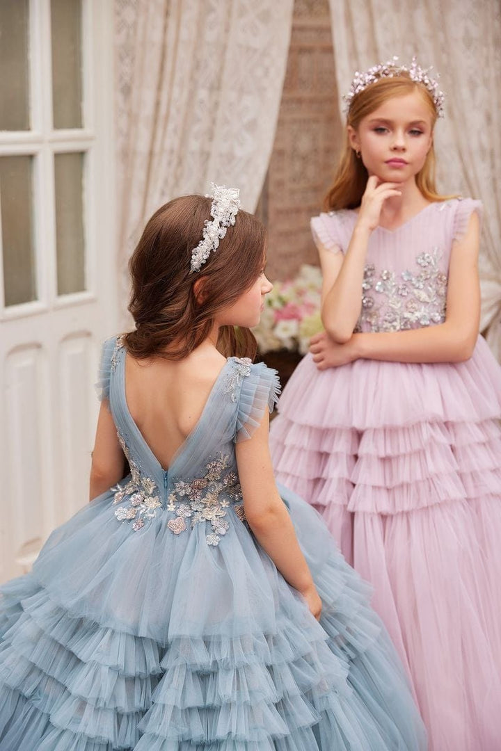 3m / Violet Sunnypetal Fairy-Tale Ruffled Tulle Princess Dress with Shimmering Floral Accents