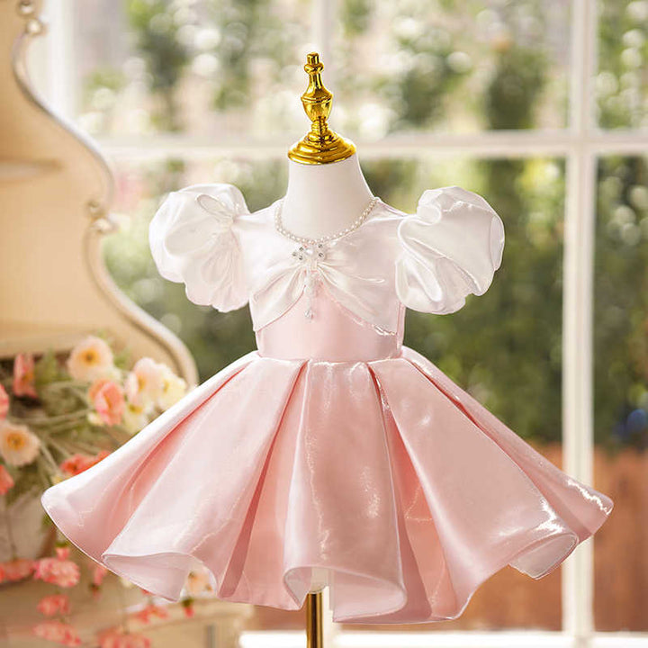 3m / White and Pink Sunnypetal Cute Pink Puff Sleeves Knee-Length Princess Flower Girl Dresses