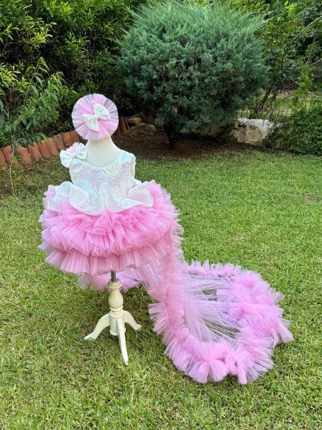 3m / White and Pink Sunnypetal White Pink Sleeveless Layered Tulle Flower Girl Dress with Detachable Train