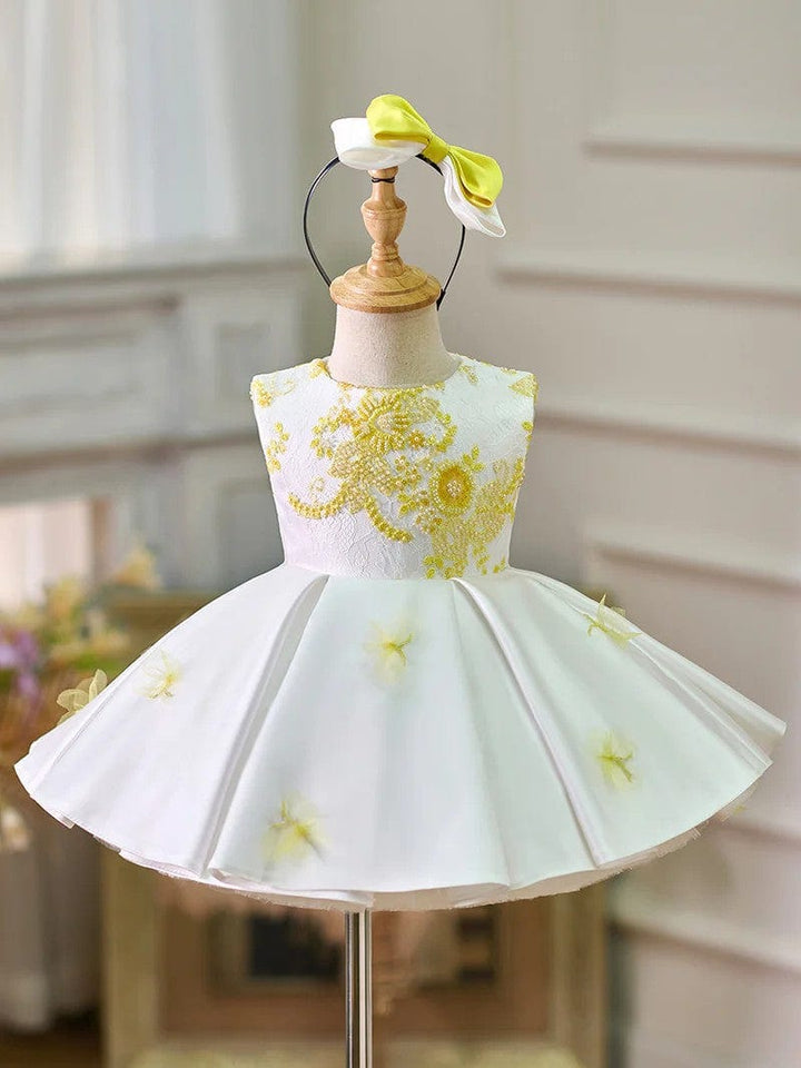 3m / White and Yellow Sunnypetal Exquisite Sleeveless Lace Satin Beaded Knee Length Birthday Girl Dress