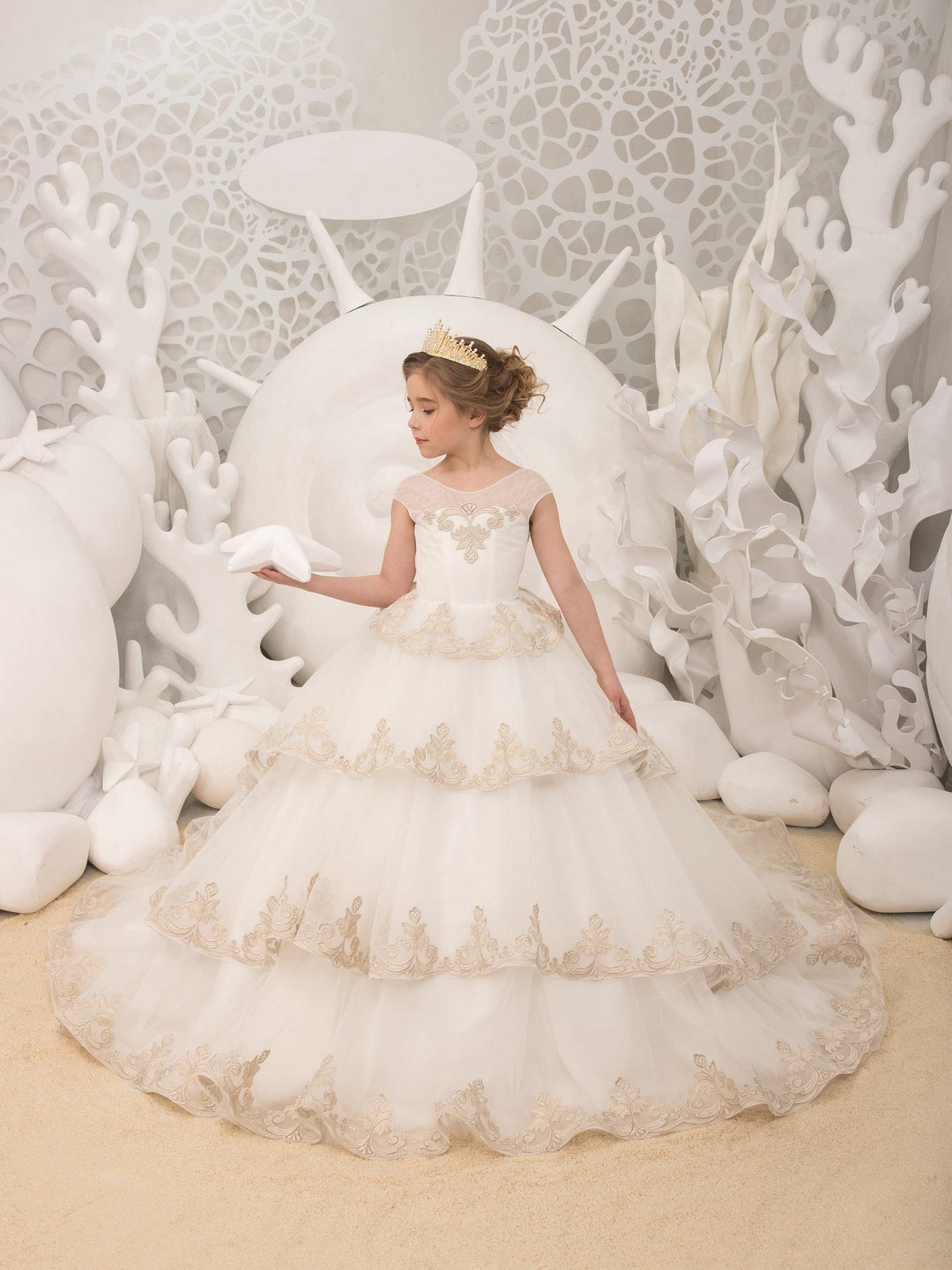 3m / White Sunnpetal White Multi-Layered Gold Embroidered Tulle Flower Girl Dress with Train