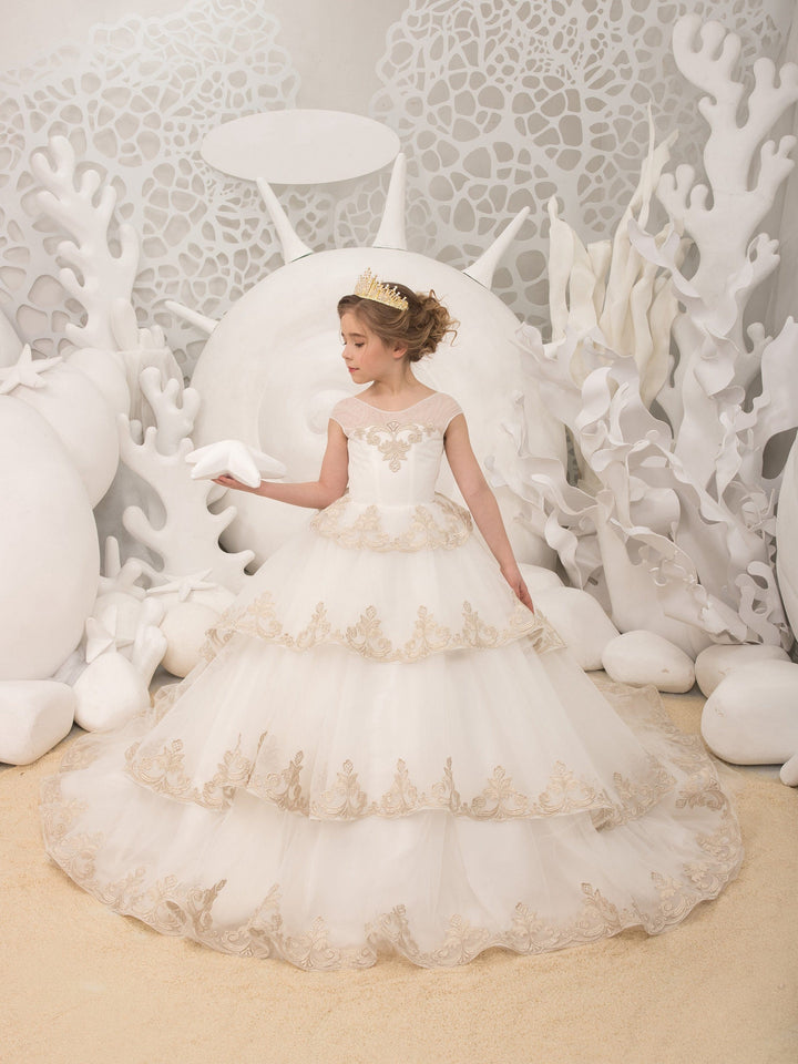 3m / White Sunnpetal White Multi-Layered Gold Embroidered Tulle Flower Girl Dress with Train