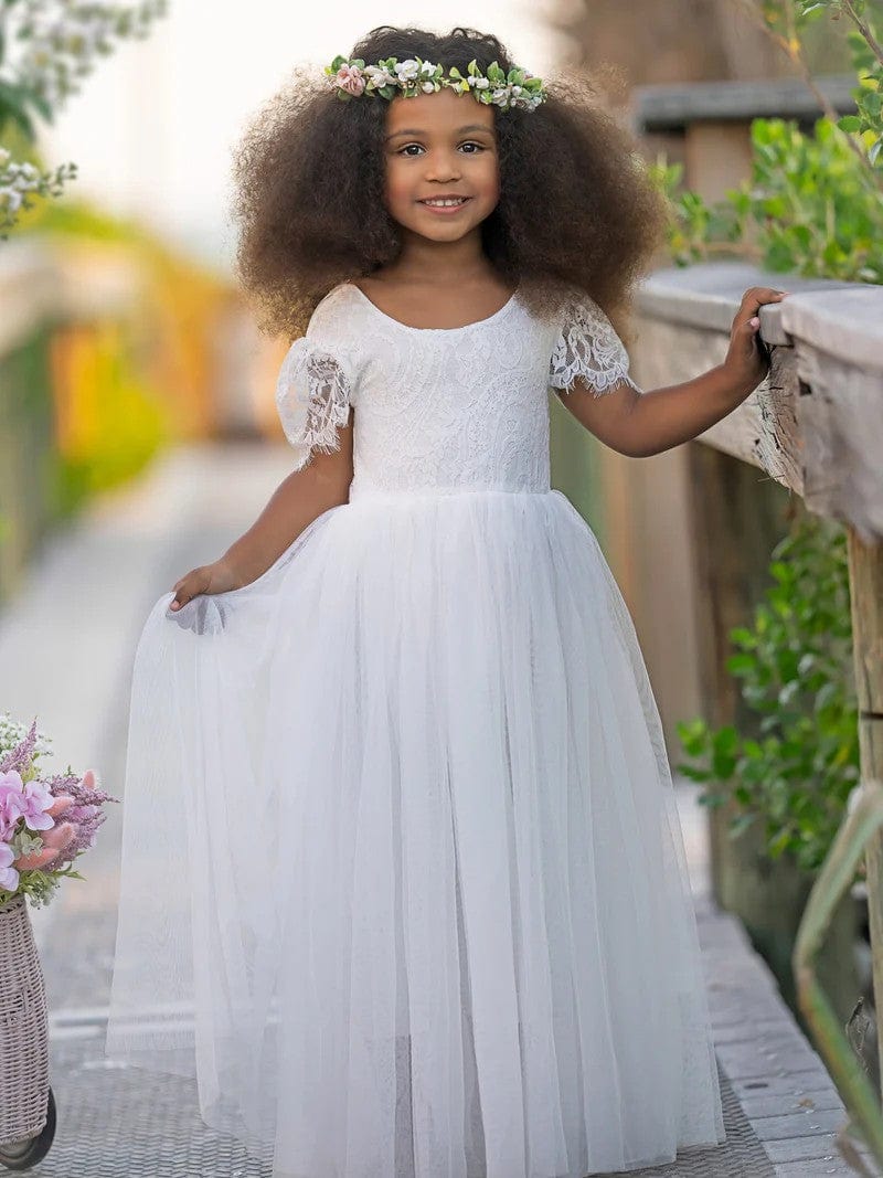 3m / White Sunnypetal A-Line V Back Short Sleeves Lace Tulle Ankle-Length Boho Flower Girl Dresses