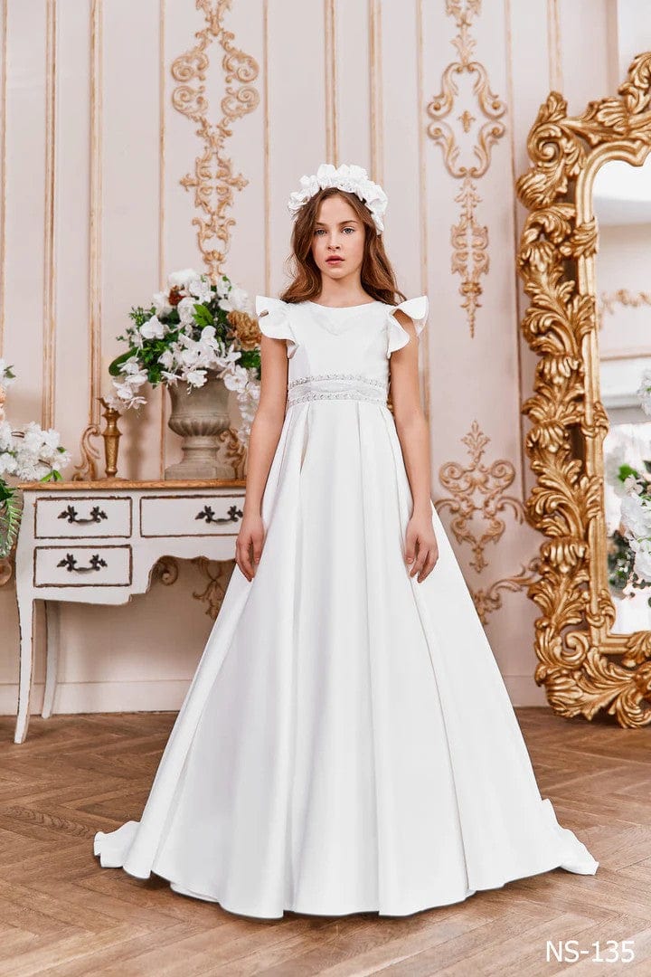 3m / White Sunnypetal A-Line White Flared Sleeves Beading Long Satin Communion Dress