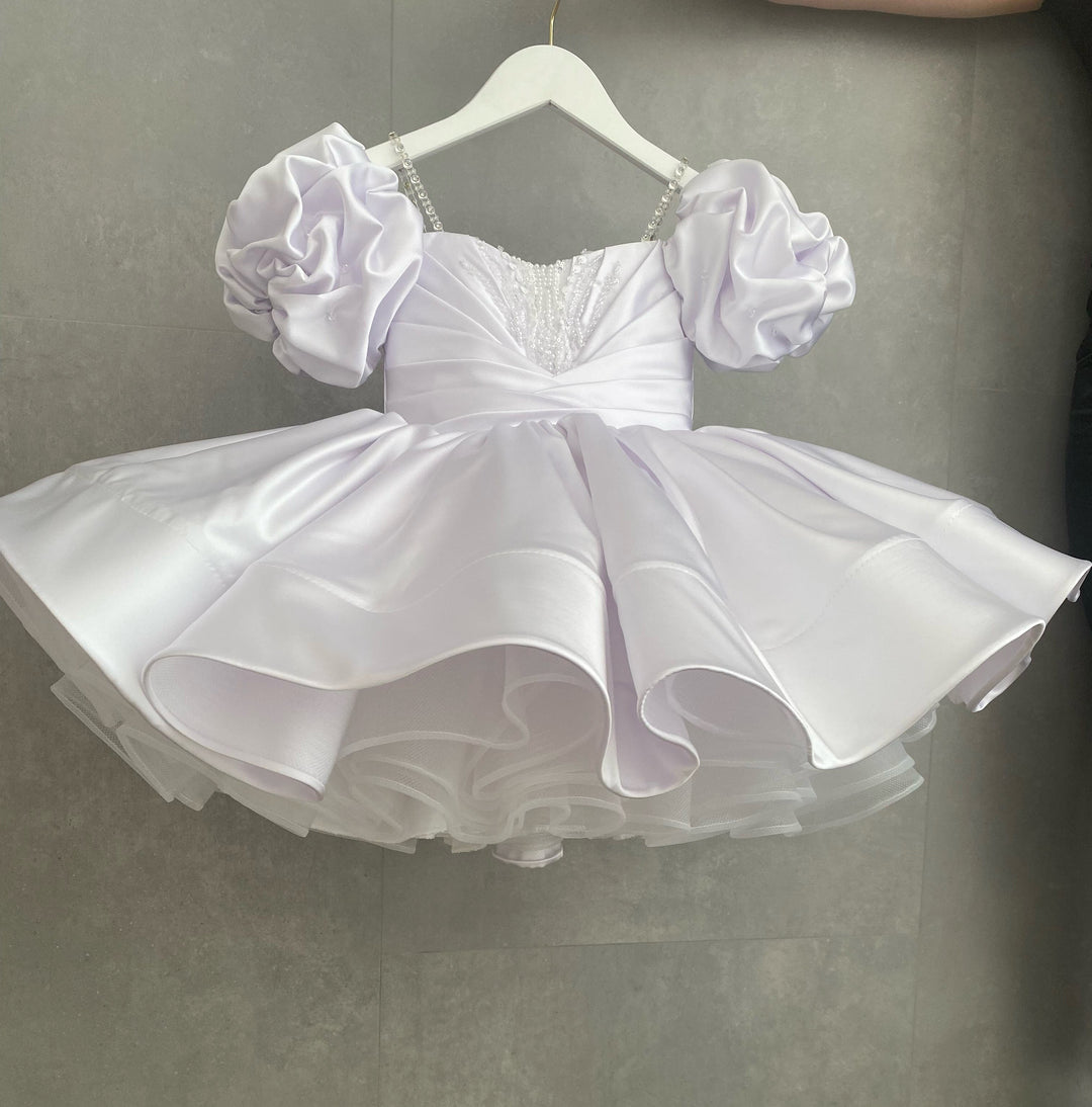 3m / White Sunnypetal Adorable Puff Sleeves Satin Flower Girl Dress Sage Green Knee-Length Ball-Gown for Kids