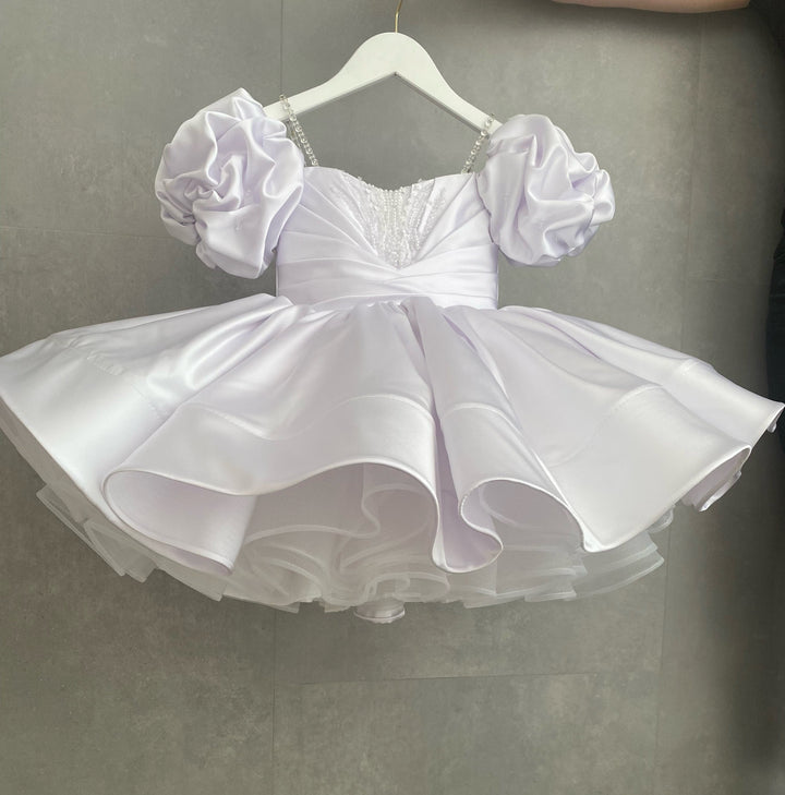 3m / White Sunnypetal Adorable Puff Sleeves Satin Flower Girl Dress Sage Green Knee-Length Ball-Gown for Kids