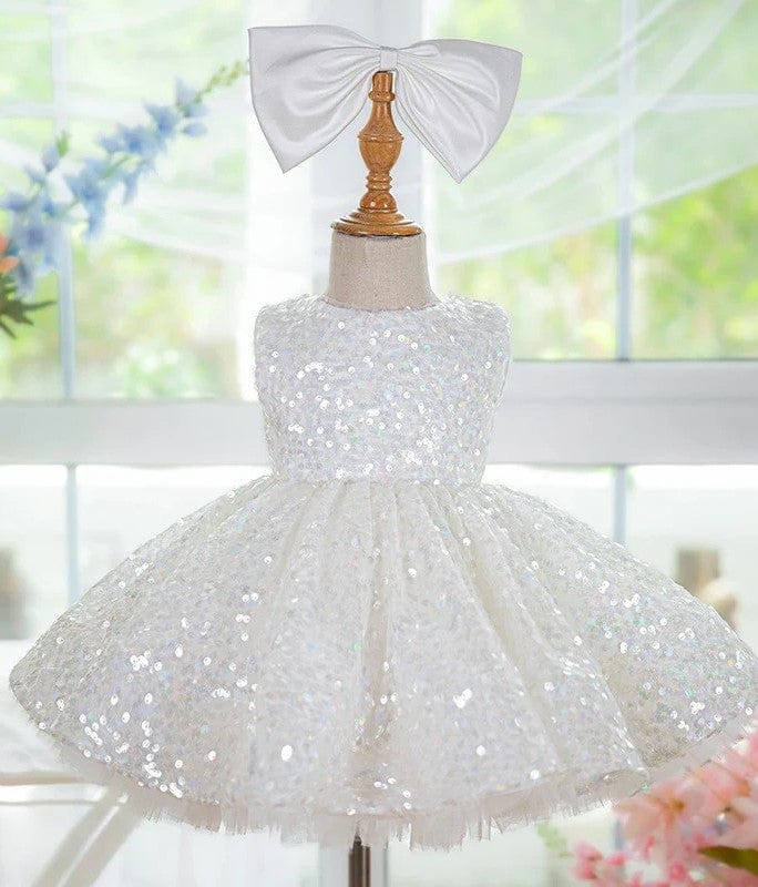 3m / White Sunnypetal Adorable White Sequin Sleeveless A-Line Flower Girl Dresses with Satin Bow