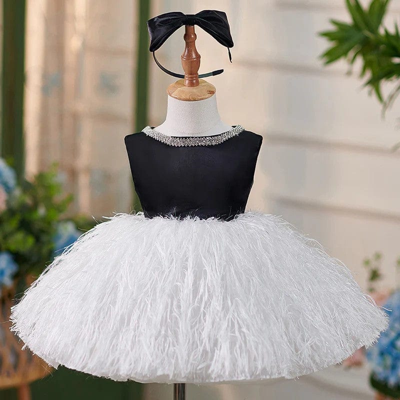 3m / White Sunnypetal Balck Sleeveless Satin Feathers Tulle Knee-Length Sleeveless Baby Birthday Dress