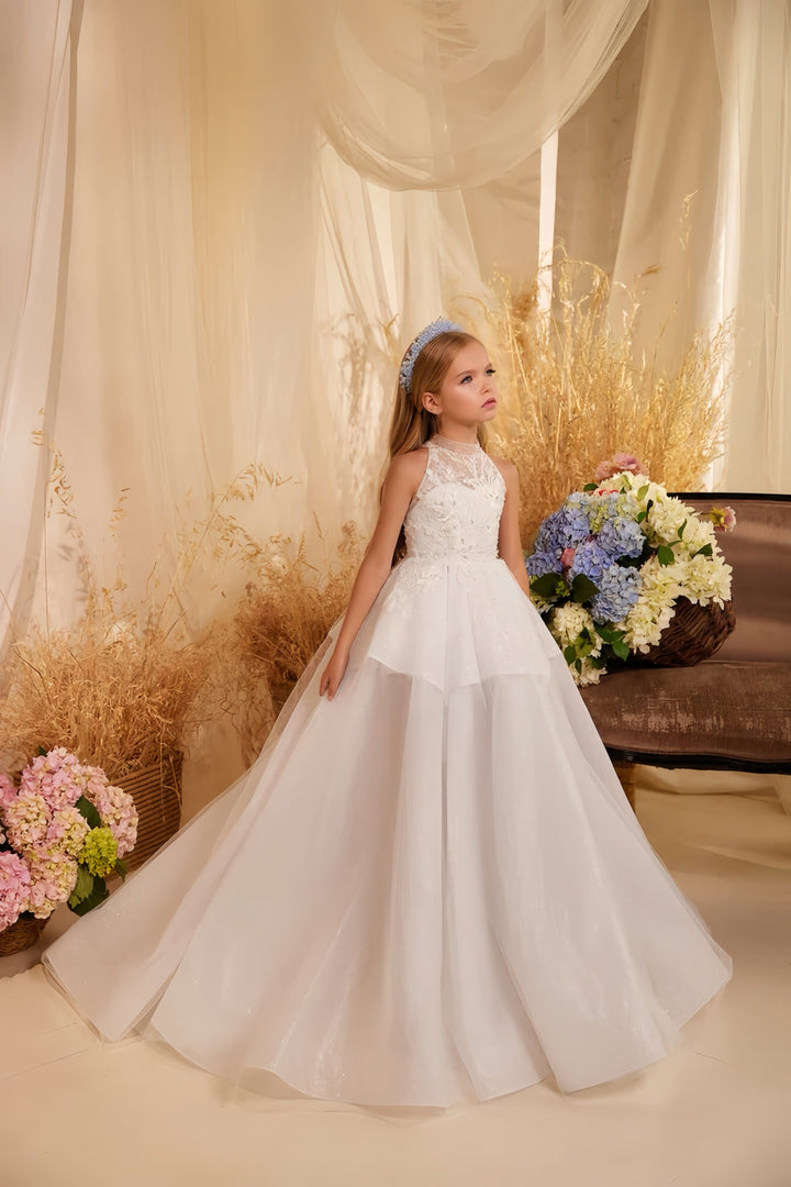 3m / White Sunnypetal Elegant Lace Tulle Ball Gown Flower Girl Dress with Floral Appliques and Sequin Details