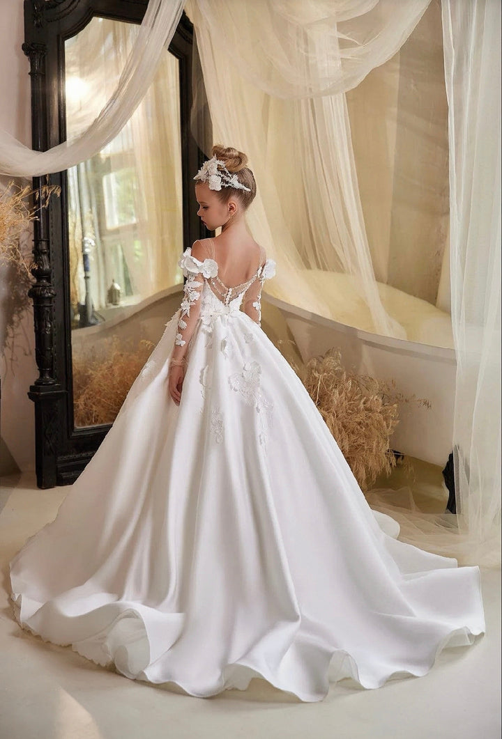 3m / White Sunnypetal Elegant Long Sleeve Tulle Flowers Long Princess Satin Flower Girl Dresses