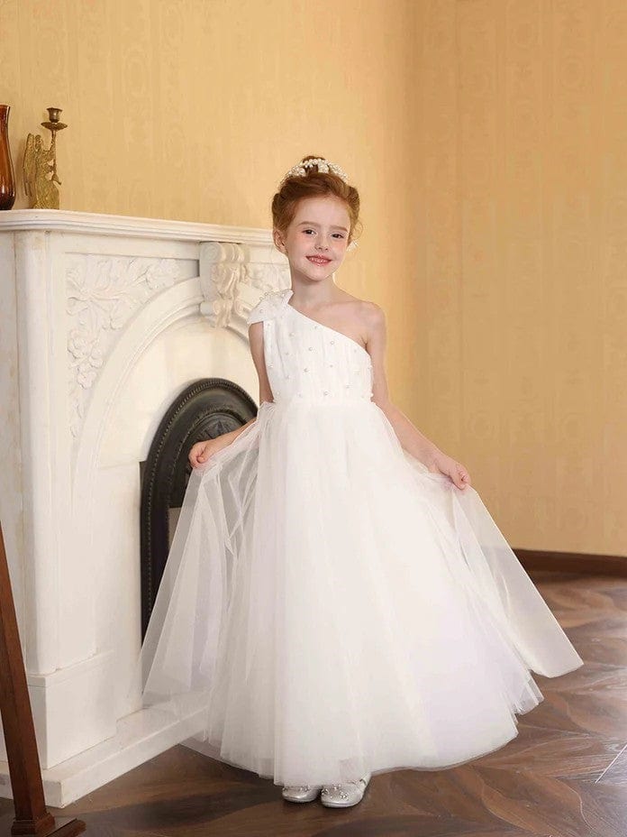 3m / White Sunnypetal Elegant One Shoulder Bow Ankle-Length Flower Girl Dresses