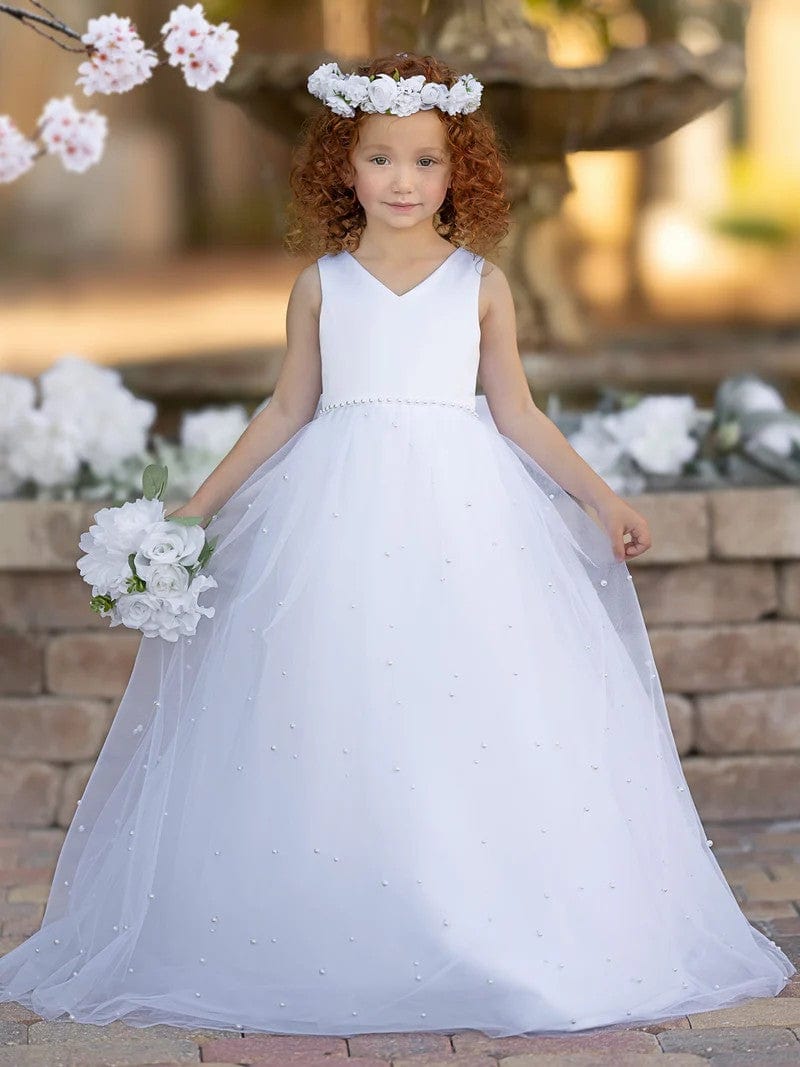 3m / White Sunnypetal Elegant V-Neck Satin/Tulle Princess Flower Girl Dress for Wedding Party
