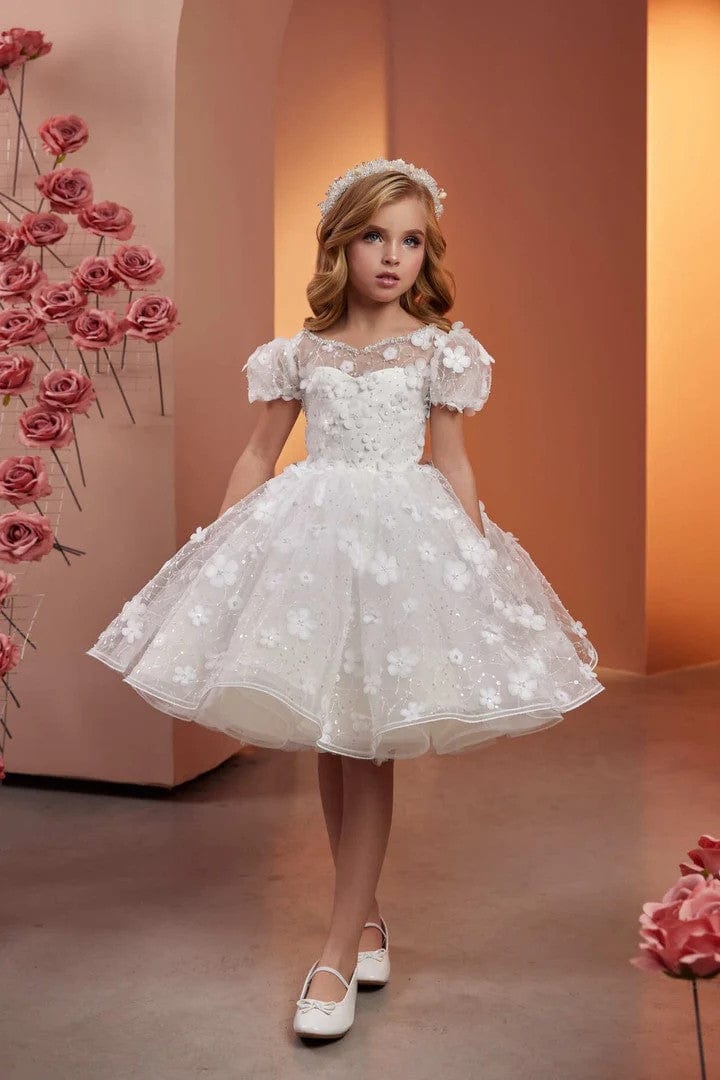 3m / White Sunnypetal Elegant White Flower-Embellished Flower Girl Dress with Sparkling Accents