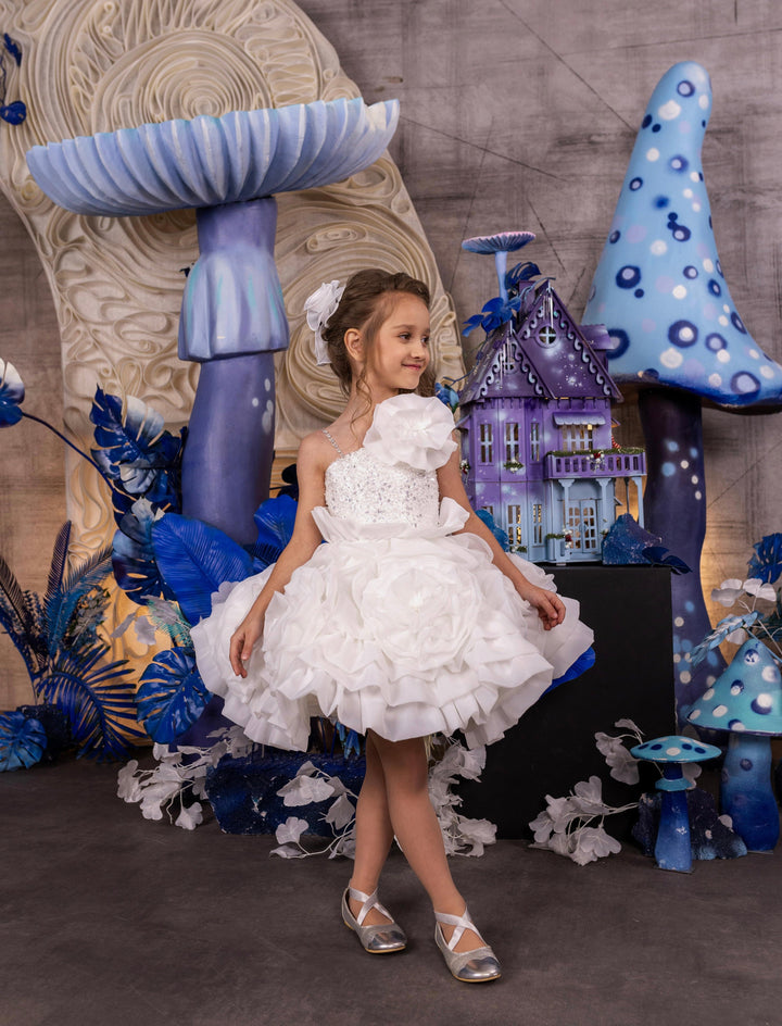 3m / White Sunnypetal Elegant White Rose-Lnspired Ruffle Flower Girl Dress
