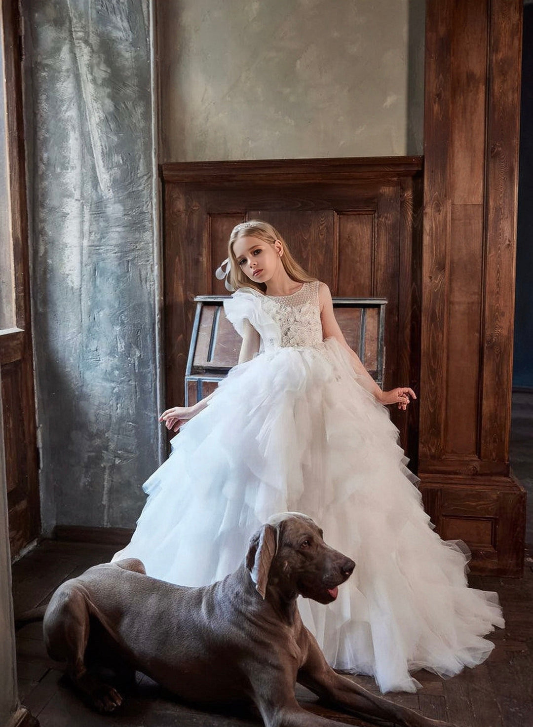 3m / White Sunnypetal Elegant White Tiered Skirt Tulle Ball Gown for Little Girls