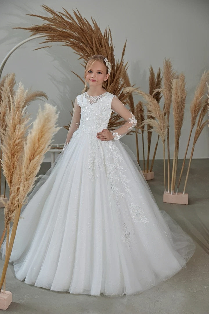 3m / White Sunnypetal Elegant White Tulle Flower Girl Dresses First Communion Gown with Sheer Sleeves