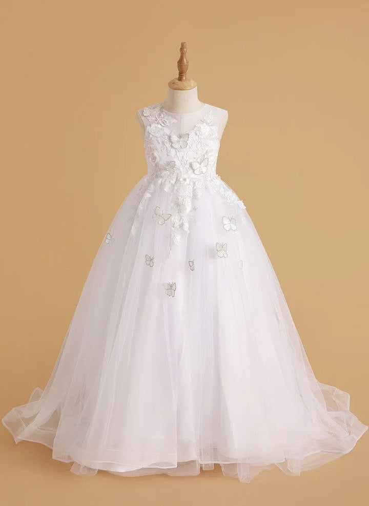3m / White Sunnypetal Exquisite Lace Appliques Butterfly Long Tulle Ball Gown Princess Pageant Dress