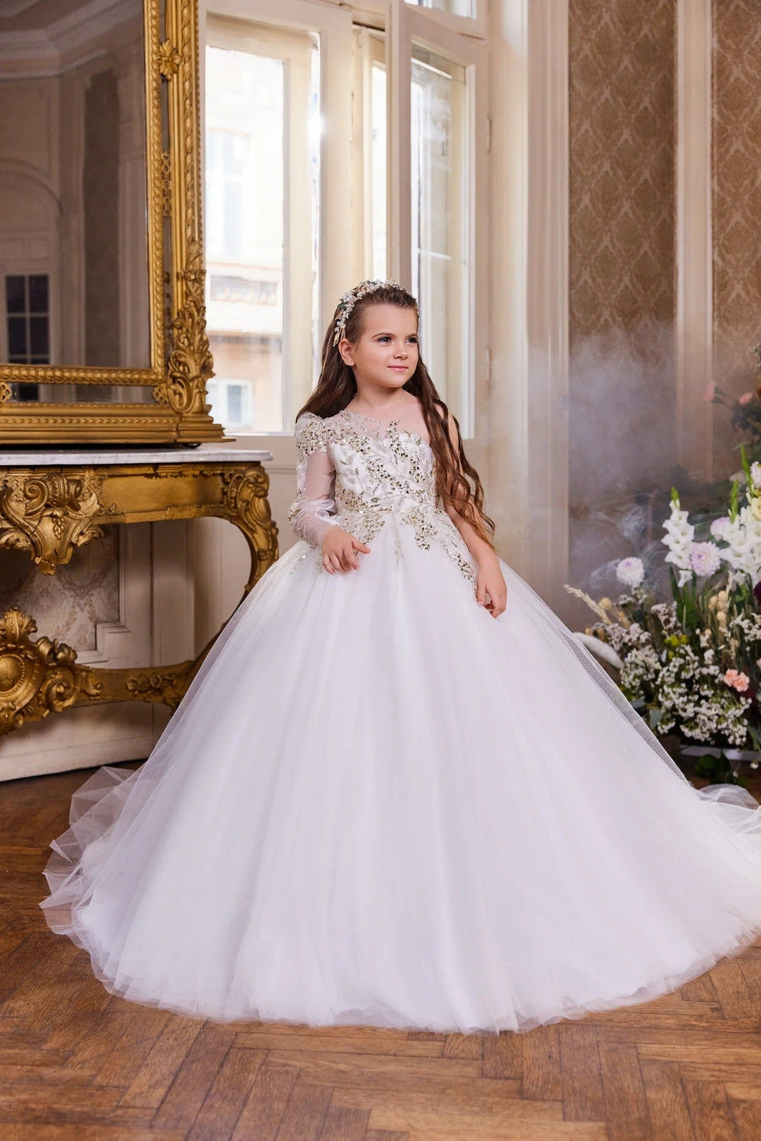 3m / White Sunnypetal Exquisite One Shoulder Long Sleeve Sequin Flower Girl Dress for Special Occasion