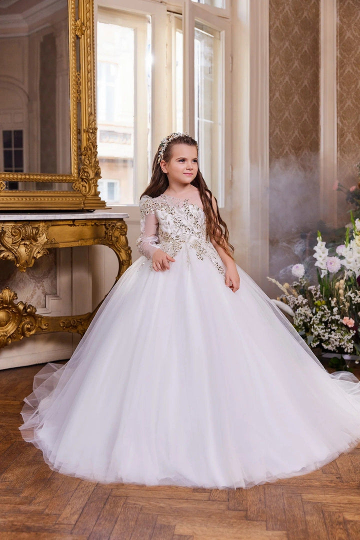 3m / White Sunnypetal Exquisite One Shoulder Long Sleeve Sequin Flower Girl Dress for Special Occasion