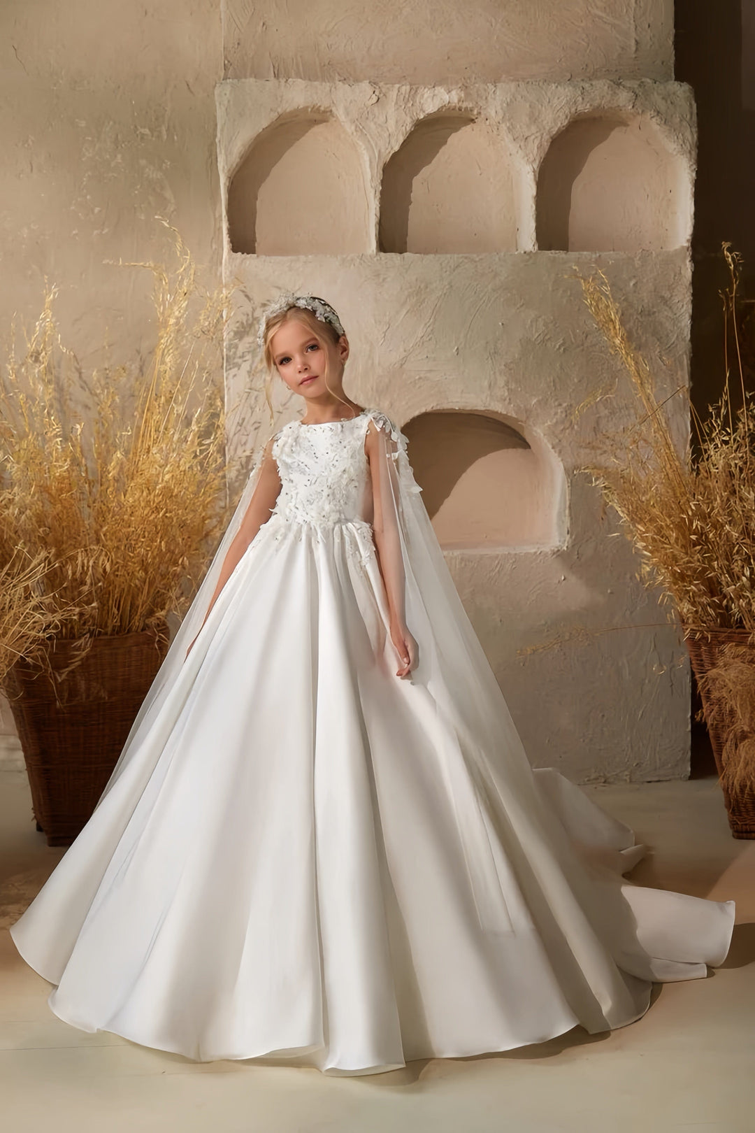 3m / White Sunnypetal Exquisite Satin Flower Girl Dresses First Communion Gown with Cloak Sleeves