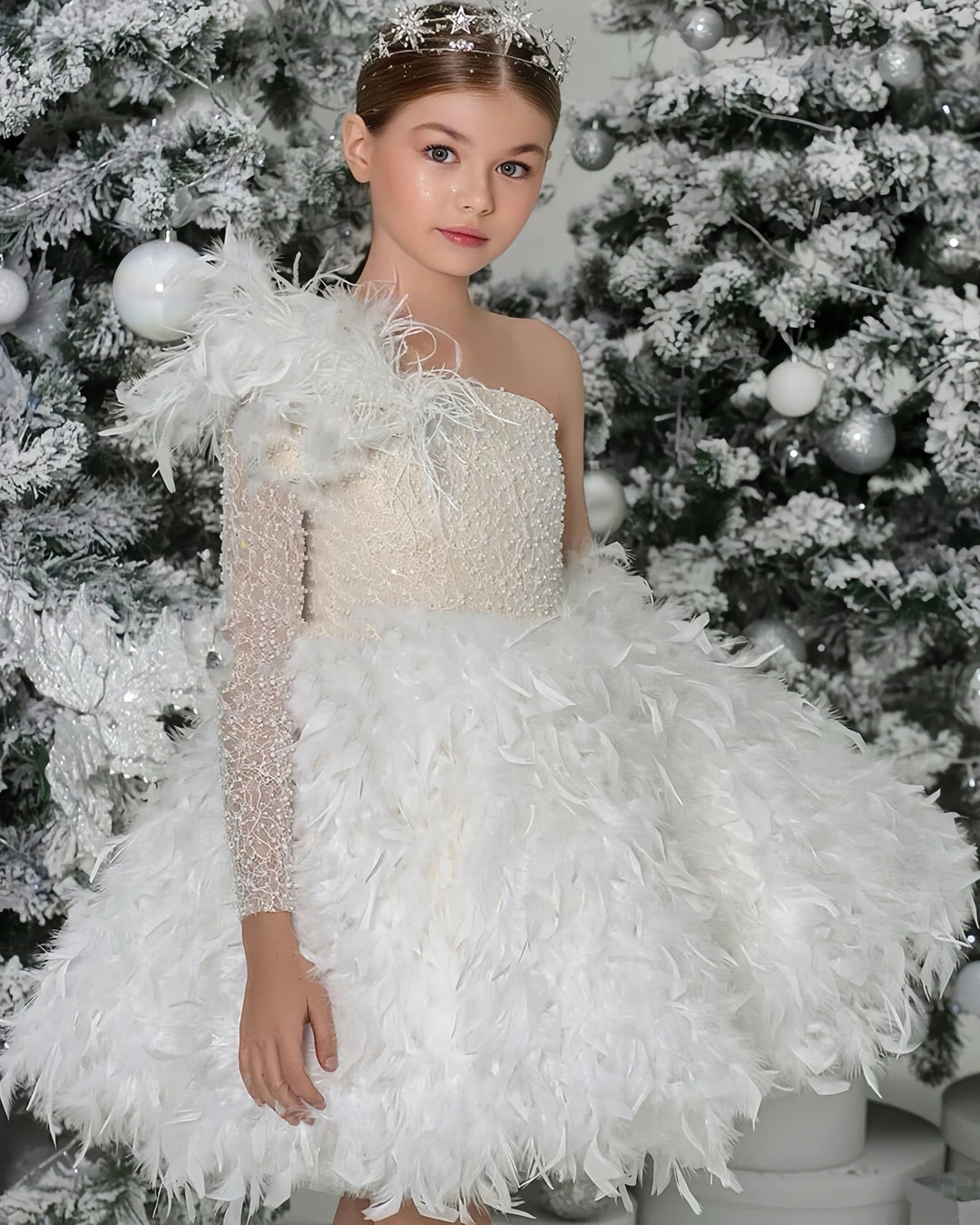 3m / White Sunnypetal Exquisite White One-Shoulder Pearls Lace Feathers Flower Girl Dresses