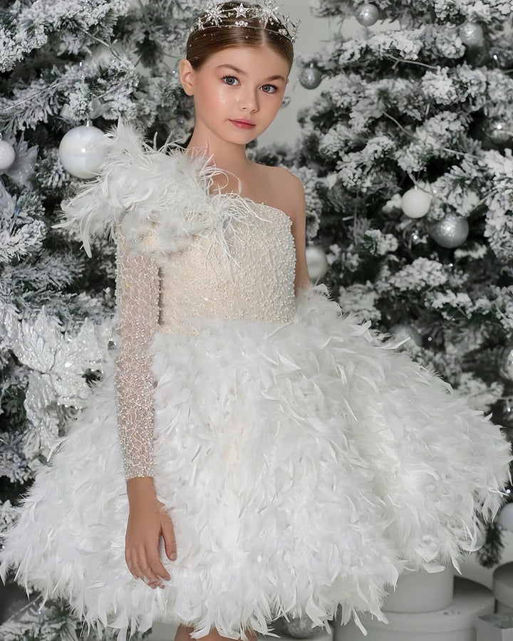 3m / White Sunnypetal Exquisite White One-Shoulder Pearls Lace Feathers Flower Girl Dresses