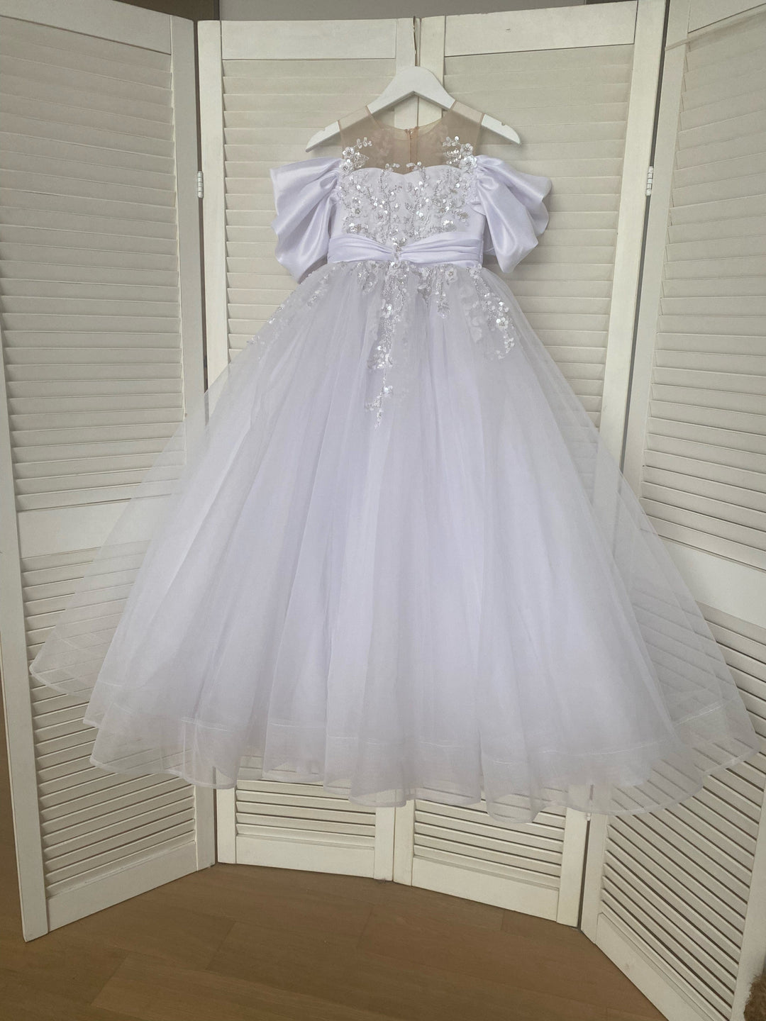 3m / White Sunnypetal Flower Girls Princess Pageant Dreses Puffy Multi-Layer Tulle Ball Gown with Bow