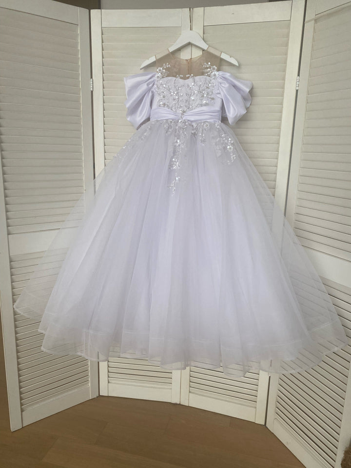 3m / White Sunnypetal Flower Girls Princess Pageant Dreses Puffy Multi-Layer Tulle Ball Gown with Bow