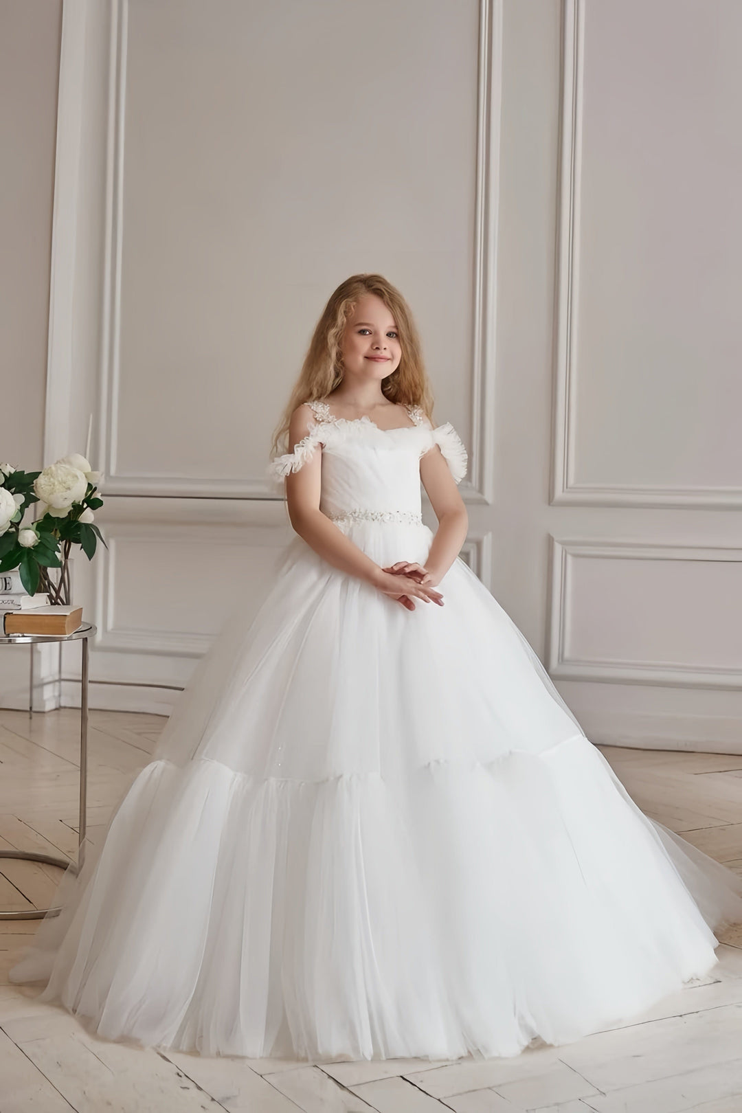 3m / White Sunnypetal Gorgeous Puffy Tulle Flower Girl Dresses Pearls Shoulder Straps Ball-Gown for Wedding