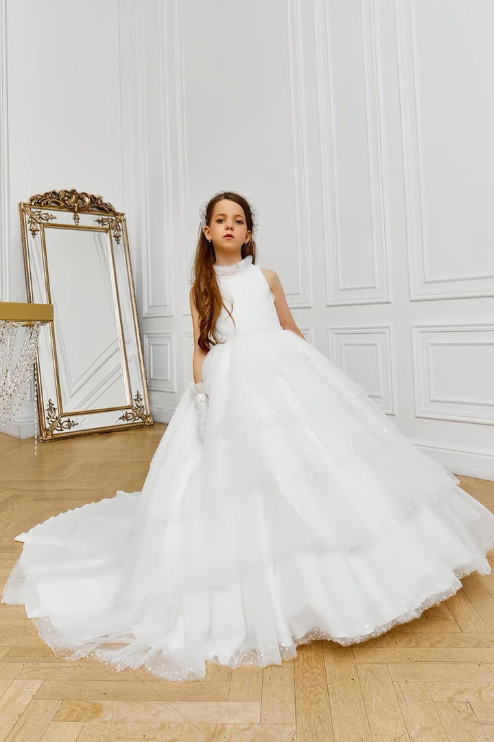 3m / White Sunnypetal High Neck Sleeveless Tulle Sequins Ball Gown Flower Girl Dresses with Train