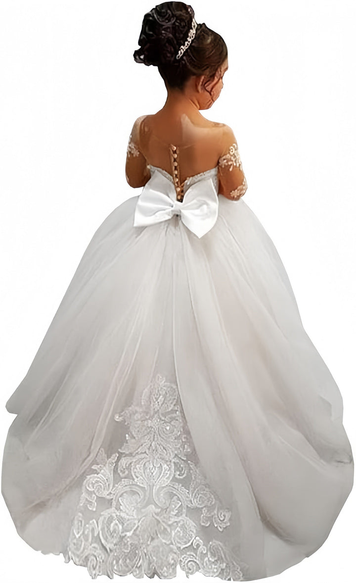 3m / White Sunnypetal Lace Long Sleeves Flower Girl Dresses for Wedding Princess Pageant Gown