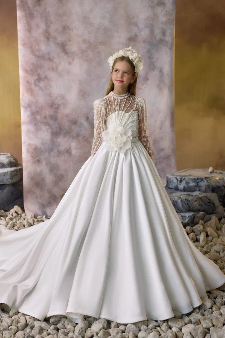 3m / White Sunnypetal Lace Long Sleeves Vintage High Neck Faith Communion Gown with 3D Flower