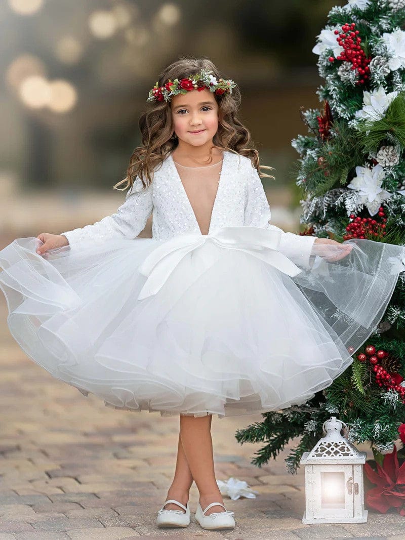 3m / White Sunnypetal Long Sleeves V-Neck Sequins Knee-Length Pageant Party Prom Ball Gown