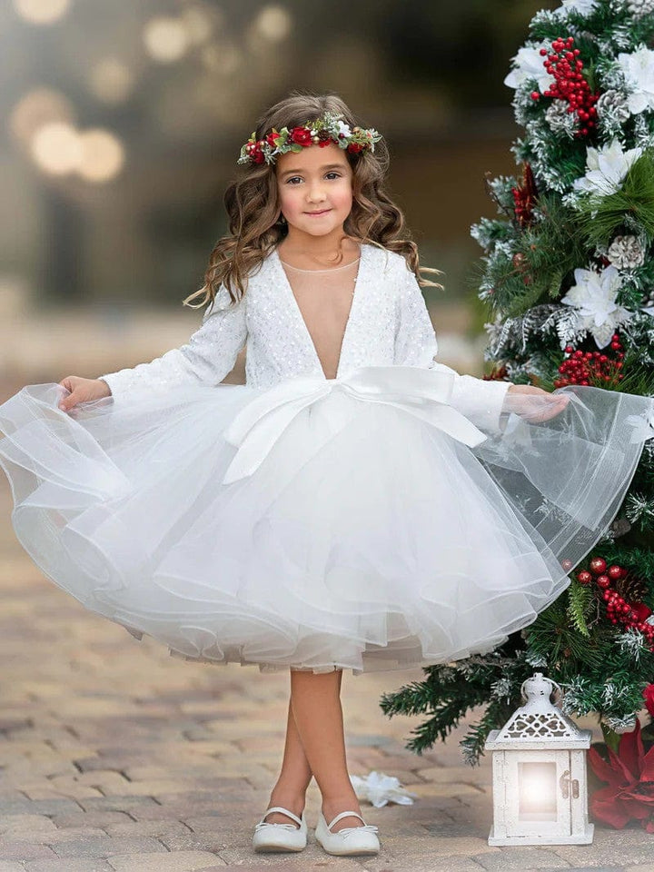 3m / White Sunnypetal Long Sleeves V-Neck Sequins Knee-Length Pageant Party Prom Ball Gown